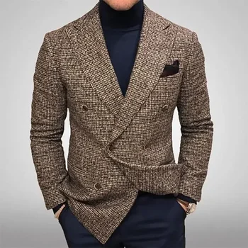 Lente Herfst Elegante Heren Jassen Gebreide Casual Business Heren Blazer Slim Fit Mode Veelzijdige Geruite Lange Mouwen Pak Jas