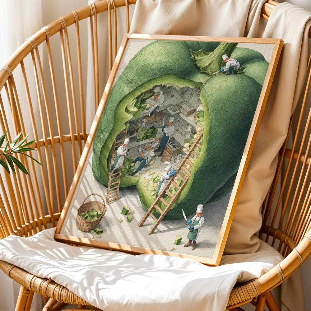 Vintage Mini Chefs Inside Giant Green Pepper Canvas Wall Decor Picture, 2D Printed Poster Wall Art