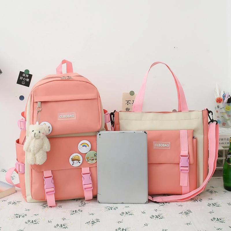 Conjunto de 4 bolsas escolares Kawaii para adolescentes, mochila de lona de Color sólido para mujer, mochila escolar para estudiantes adolescentes, bolsa para portátil