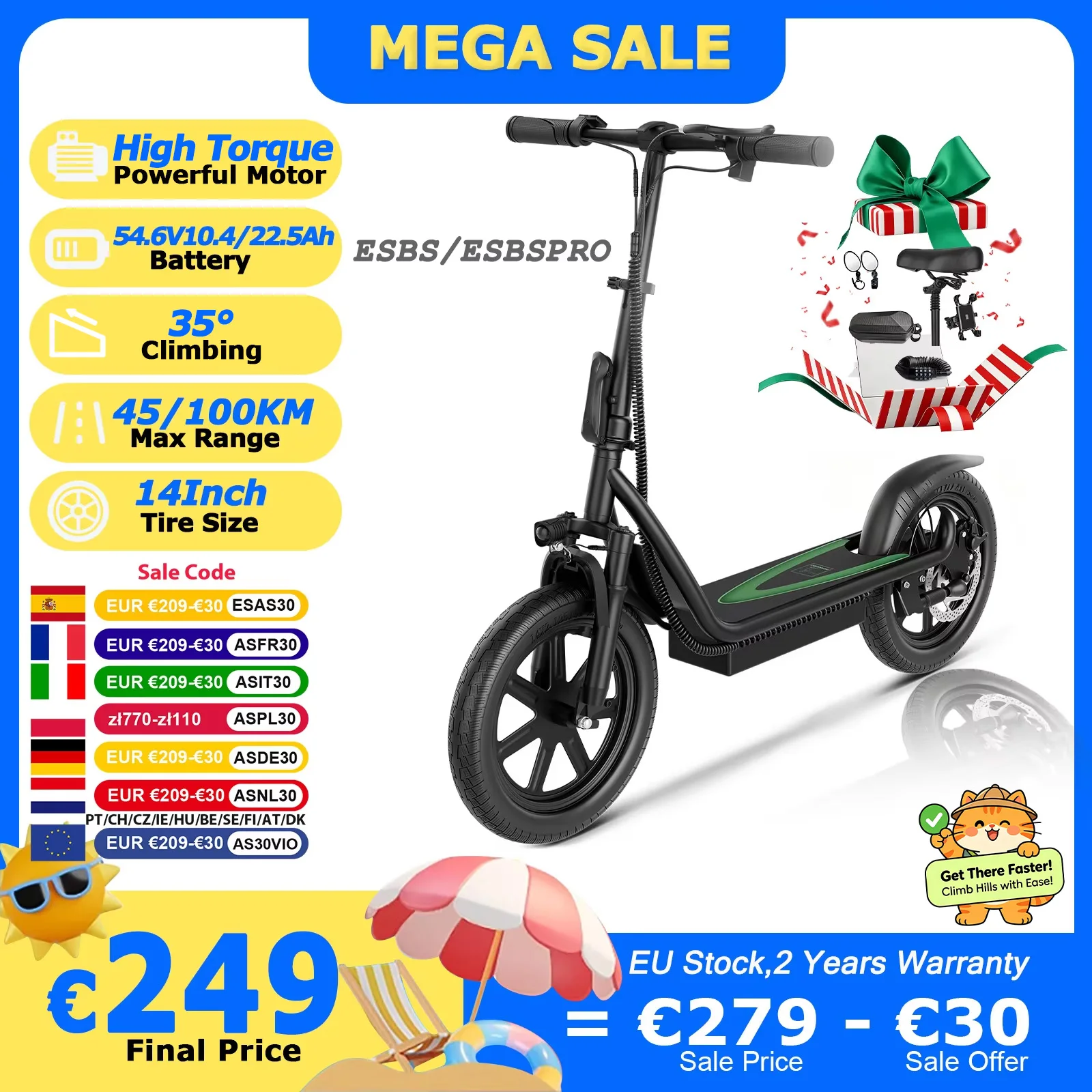 Monopattino Elettrico JUICEASE ESBS/ESBSPRO con Motore Potente, Batteria a Grande Capacità 54.6V10.4Ah/22.5Ah, Autonomia 45/100KM, Ruote da 14 Pollici