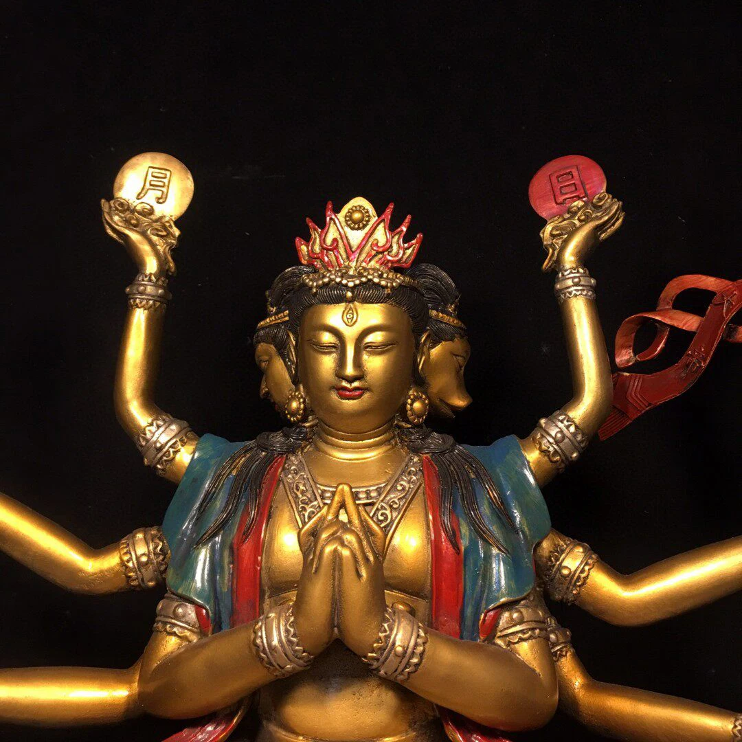 Handmade Brass Painted Gold Plated 8-Armed Doumu Taoist Deity Statue Living Room Altar Vintage Decor Gift