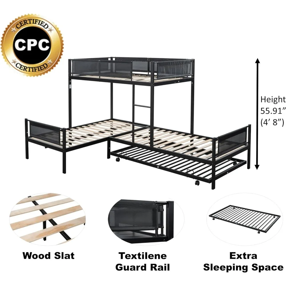 سرير ثلاثي بطابقين على شكل حرف L مع دولاب لـ 4 أولاد/بنات/بالغين، أسرة معدنية قوية رباعية بطابقين مزدوجة فوق التوأم مع نسيج آمن Gua #4