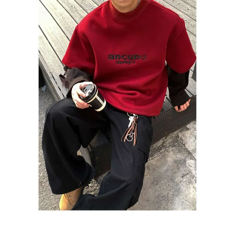 سترة رجالية كبيرة الحجم مطرزة للخدمة الشاقة الأمريكية مكونة من قطعتين برقبة دائرية سترة ربيعية فضفاضة غير رسمية تناسب الجميع