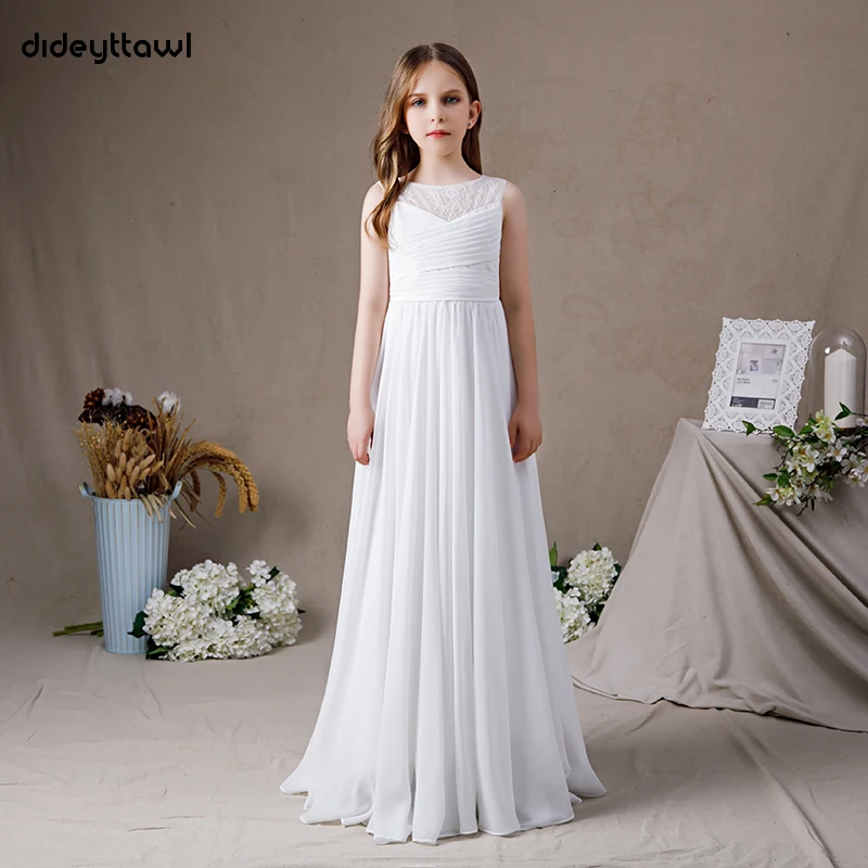 Dideyttawl Customized Lace Pleated Chiffon Dress For Girl Sleeveless First Communion Gown A Line Floor Length Junior Bridesmaid