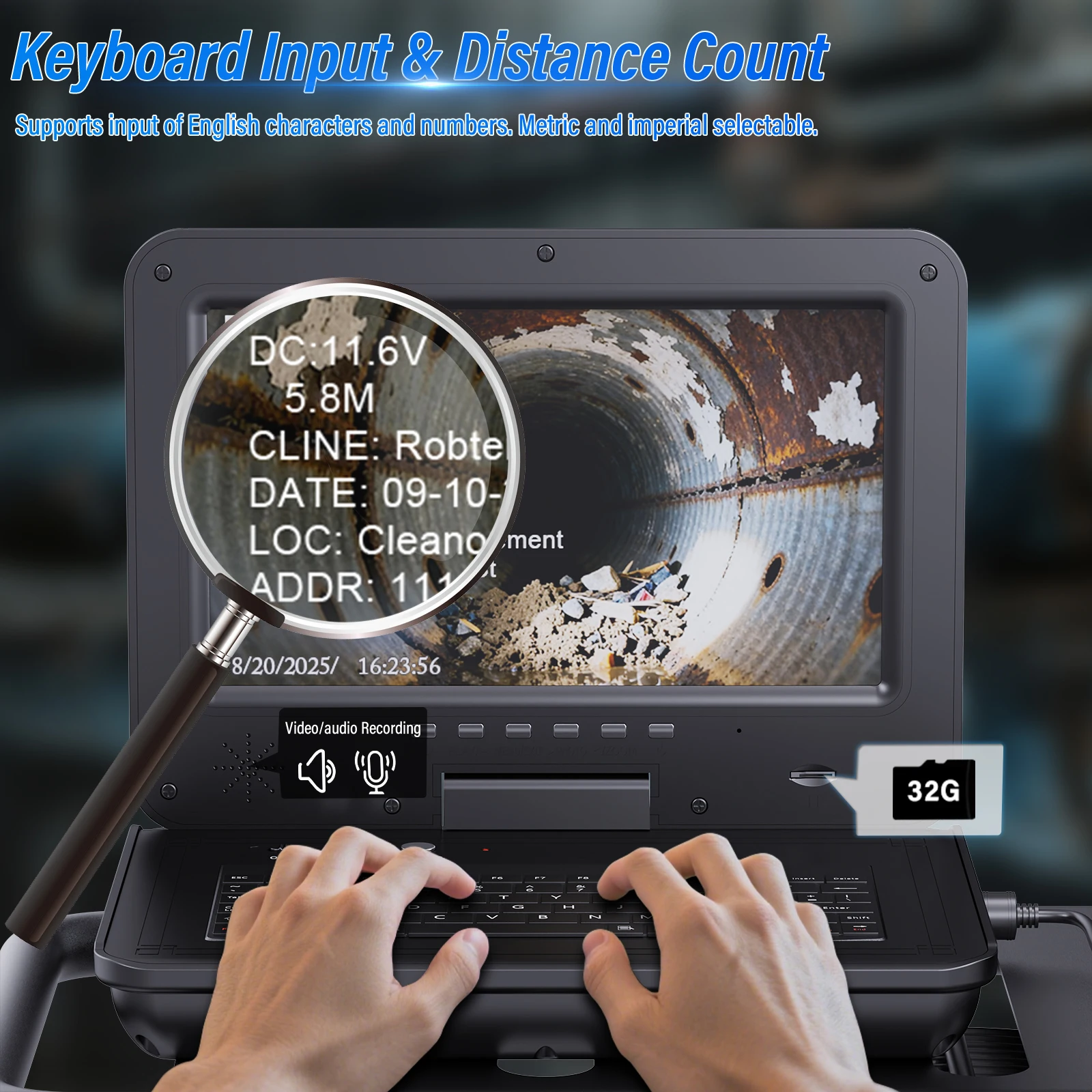 10″ IPS Sewer Pipe Inspection Camera 360 Rotating Camera Diameter ø11MM+512HZ Transmitter Locator+Meter Counter+Keyboard