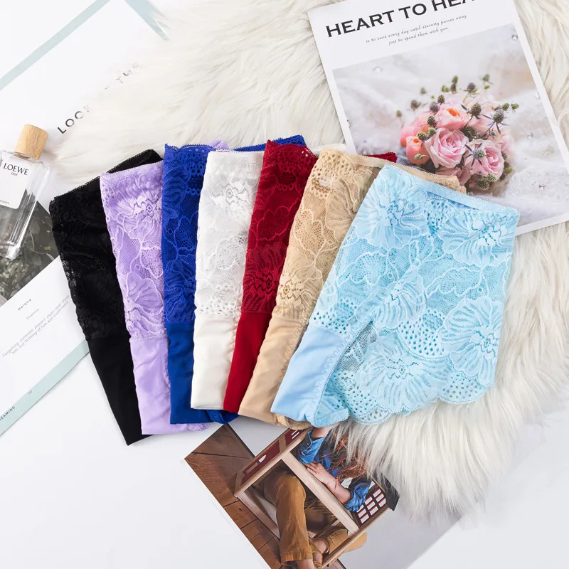 European and American foreign trade lace hollow out plus fat women's mid waist triangle pants sexy mesh thin breathable cotton u