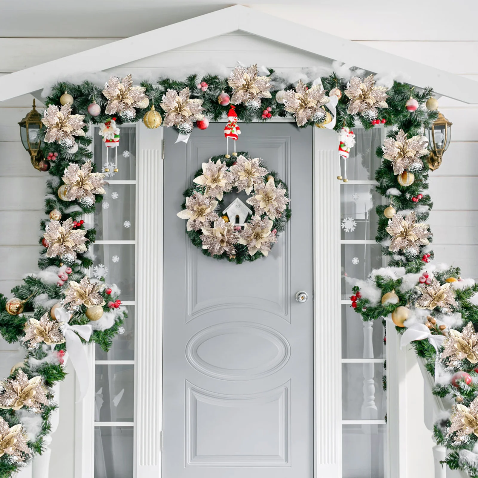 

12pcs Christmas Decoration Flowers Faux Poinsettia Stems Clips Garland Red Glitter Ornaments Holiday Home Party Wedding