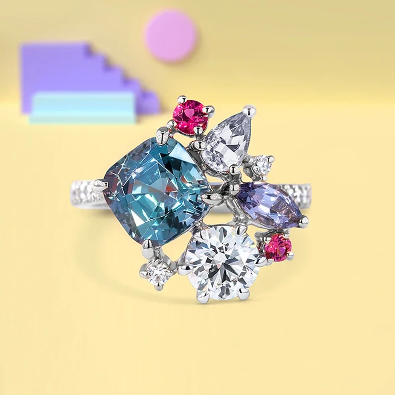 Geometric Colored Cubic Zirconia Rings for Women Luxury Bridal Wedding Band Accessories Fashion Design Statement Jewelry