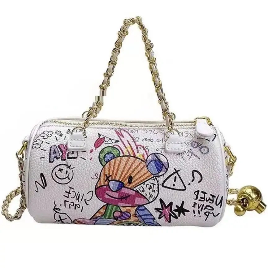 2023 new Cartoons Graffiti Cylindrical Pu Leather Zipper Crossbody Bags For Women Chain Shoulder Handbags And Purses Lady