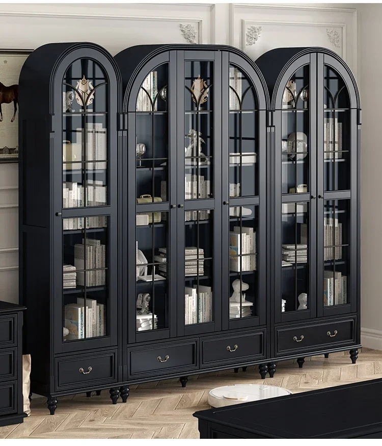 Solid Wood Vintage Bookcase Floor Arch with Glass Door Wine Cabinet Living Room Display Curio Cabinet