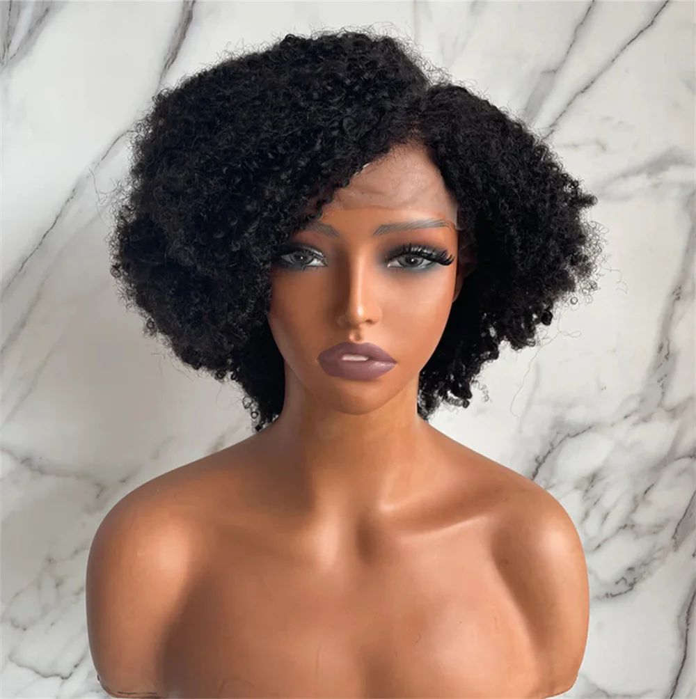 Perruque Bob Lace Front Wig crépue bouclée sans colle pour femmes noires, cheveux de bébé, pre-plucked, doux, naturel, noir, court, densité 180, degré de chaleur