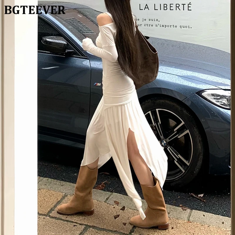 BGTEEVER Autumn Stylish Women 2 Pieces Dress Set Long Sleeve Skew Collar Irregular Dress & Sleeveless Package Hip Mini Dress