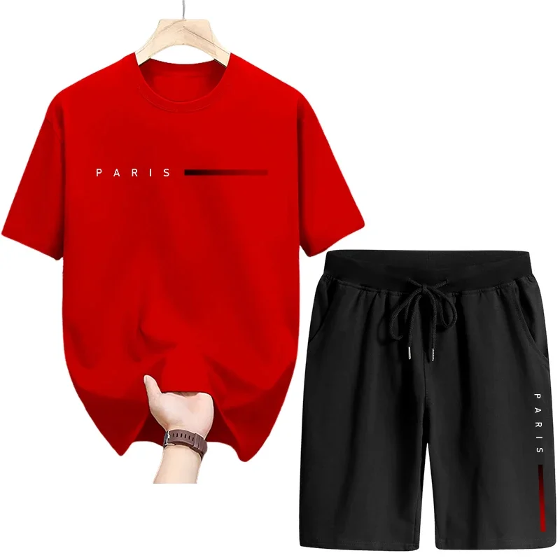 الصيف Hot البيع الرجال مجموعة عالية الجودة القطن الخالص تي شيرت سريعة الجافة السراويل باريس موضة مطبوعة رياضية الذكور ملابس غير رسمية