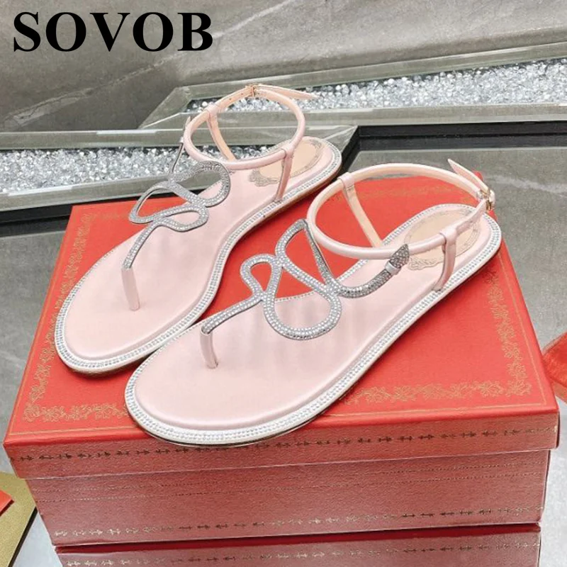 New Summer Rhinestone Decorative Split Toe Sandals Women's Solid Color Casual Snake Shaped Mesh Strap Flat Bottomed Sandalias