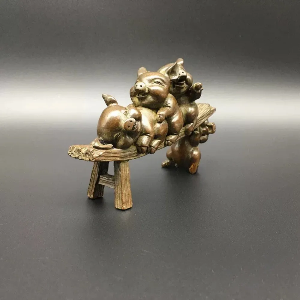 Solid Brass Three Little Pigs Sitting on Bench Tea Pet Cute Pig Figurines Home Desk Gift