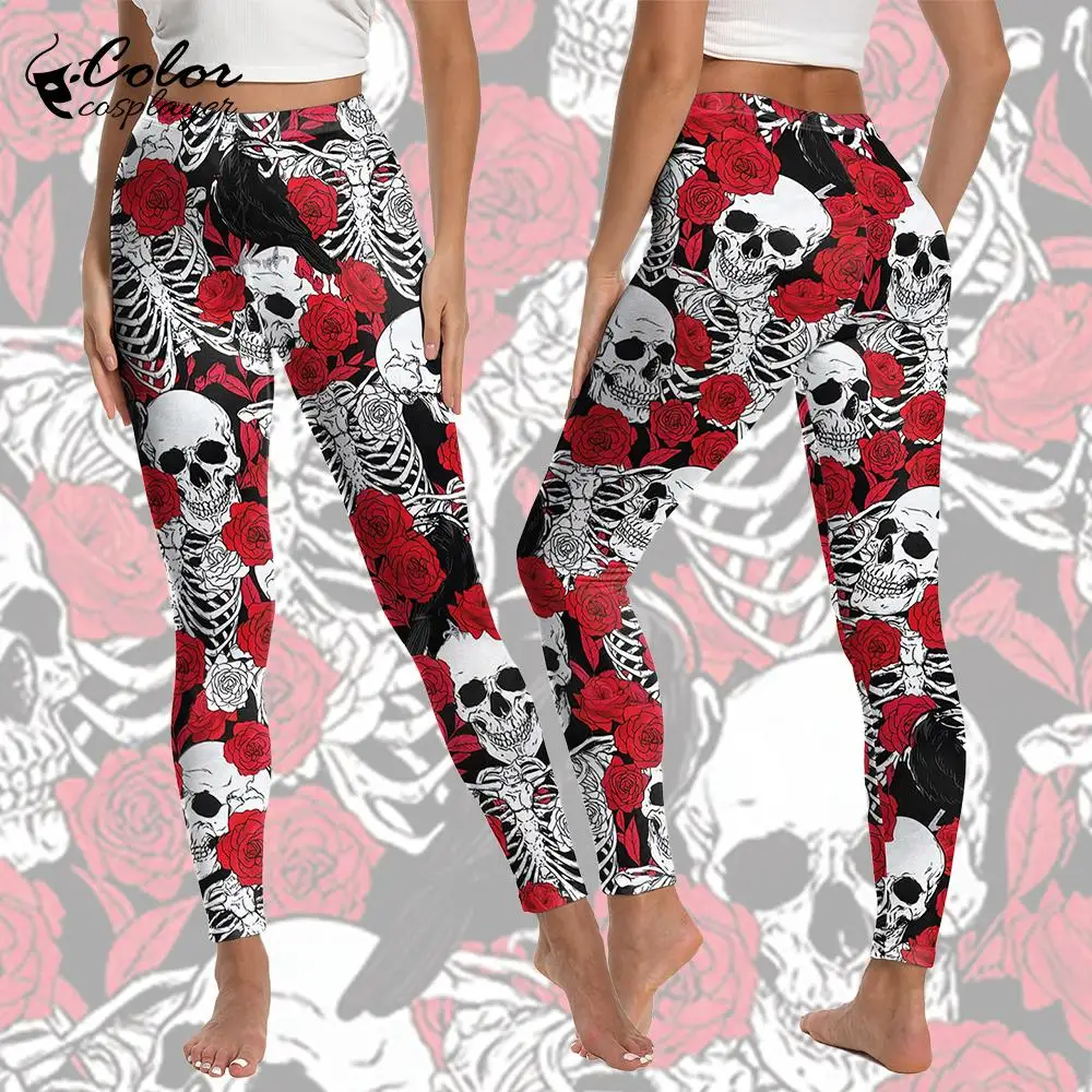 Color Cosplayer Skull Pattern Leggings Women Halloween Skinny Pants Elastic Yoga Leggings Festival Trousers Gothic Outfit