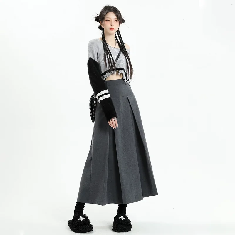 

Vintage Grey Suit A-line Skirt Women's Spring Autumn College Style High Waist Pleated Mid Length Skirt Femal