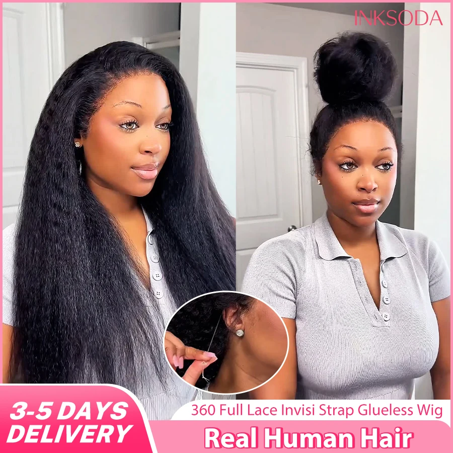 

30 40 Inch 220% Density Invisi Strap 360 Full HD Lace Frontal Kinky Straight Wig Black Human Hair Drawstring Snug Straight Glueless Wigs Invisible Strap Glueless Invisi Strap Full Lace Kinky Straight Wig For Women Ready To Wear Preplucked Prebleached