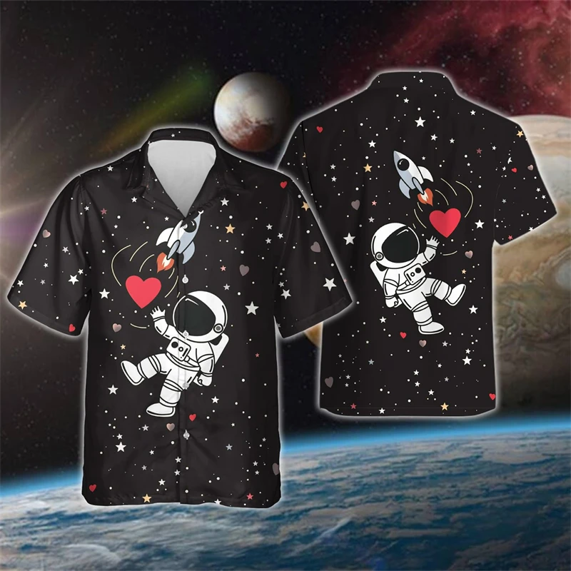 

Cartoon Astronaut 3D Print Shirts For Men Clothes Hawaiian Beach Shirt Funny Cosmonaut Short Sleeve Boy Blouses Kids Lapel Tops