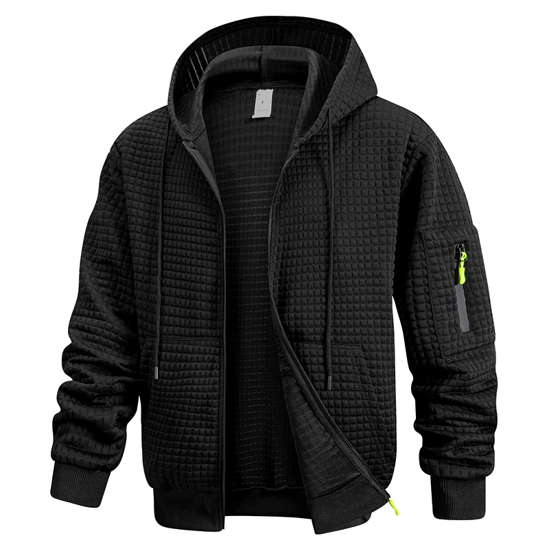 Men's Waffle Checkered Sports Zip Up Jacket with Kangaroo Pocket Autumn Winter Warm Hooded Sweatshirt Coat with Zipper Pocket
