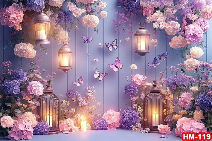 Fotografi Latar Belakang Musim Semi balon bunga kupu-kupu ungu dekorasi kue Smash Bayi Shower anak potret latar belakang Studio foto