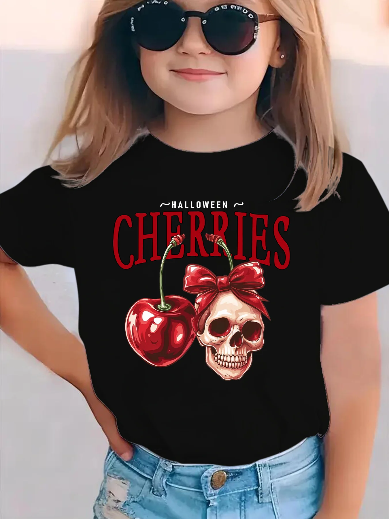 Halloween Cherry Skull Bow Graphic Kids Tees Soft Casual Holiday Short Sleeve Tops For Boys Girls Children Daily Summer Outfit