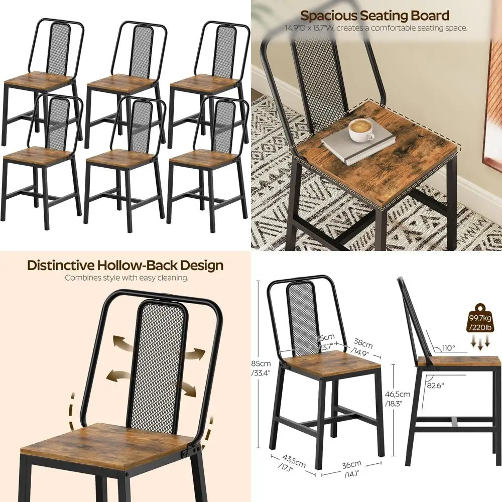 set of 6 wooden farmhouse dining chairs with back support for kitchen and living room, rustic brown
