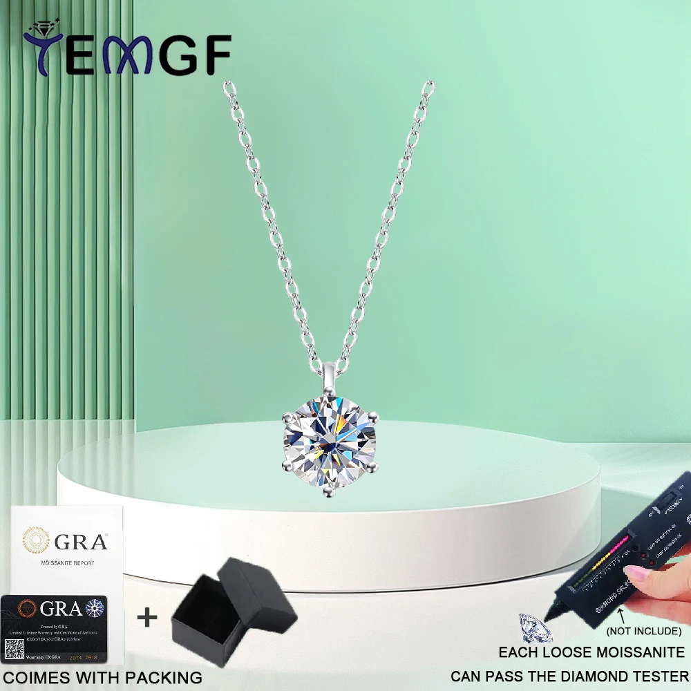 

TEMGF 8mm Moissanite Pendant Necklace S925 Sterling Silver Chain for Women Classic Elegant Sparkling Fine Jewelry Gifts