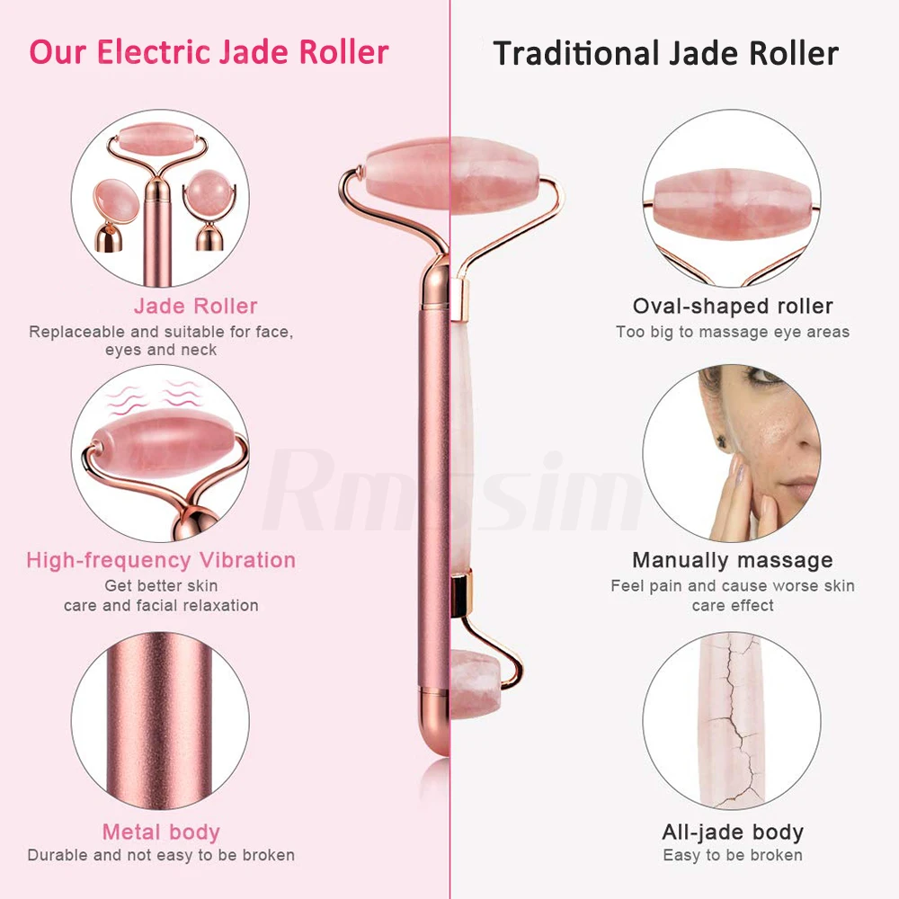 4 In 1 Elektrische Jade Roller Afslanken Gezicht Massage Lifting Vibrerende Natuurlijke Rozenkwarts Jade Roller Steen Facial Beauty Tool