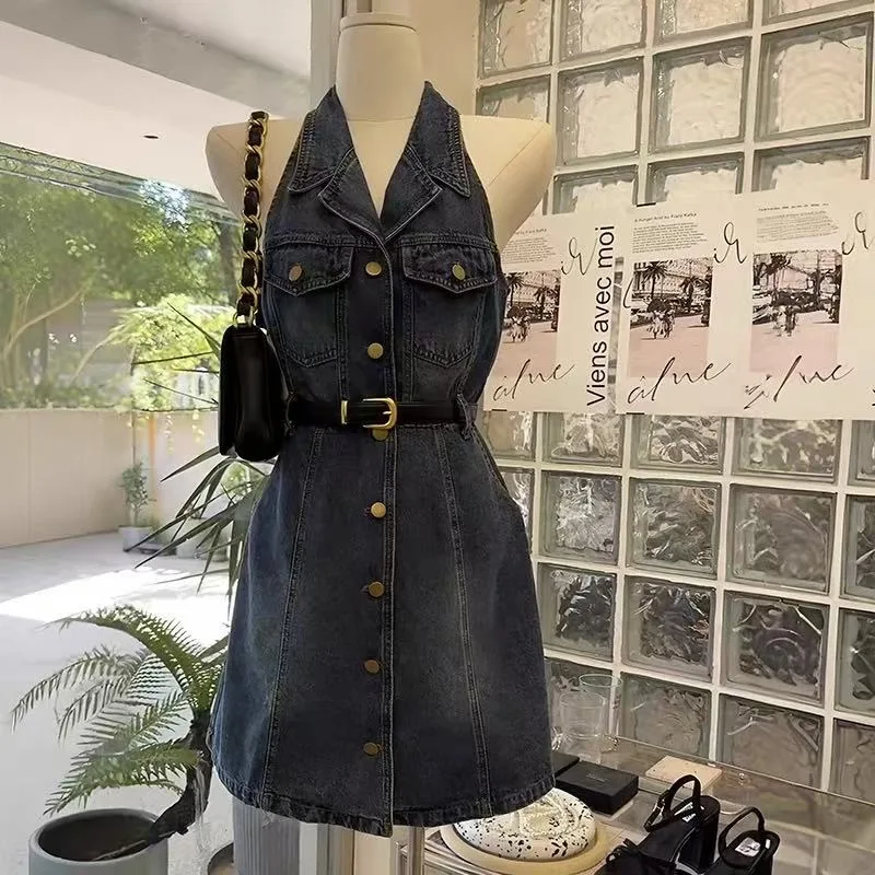 

Hong Style Retro Turn-Down Collar Dress Women, Spring And Summer New Small Size Waist-Cinching Slimming Sleeveles