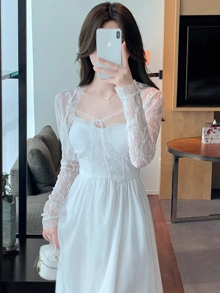 

Elegant Lace Shoulder Wrap Women's Long Sleeve Summer Thin Outerwear Tank Top with Strap Skirt Cover up Korean Style Slim Fit