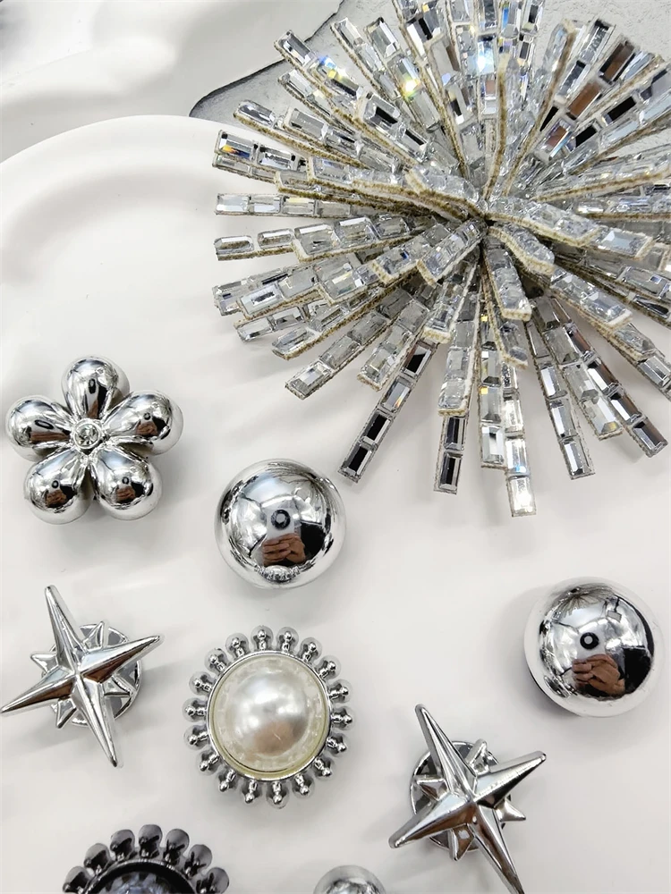 12PCS Shiny Firework Starbust Shoe Charms Accessories Silvery Heart Clogs Shoe Buckles DIY Decorations Round Beads Shoe Clips