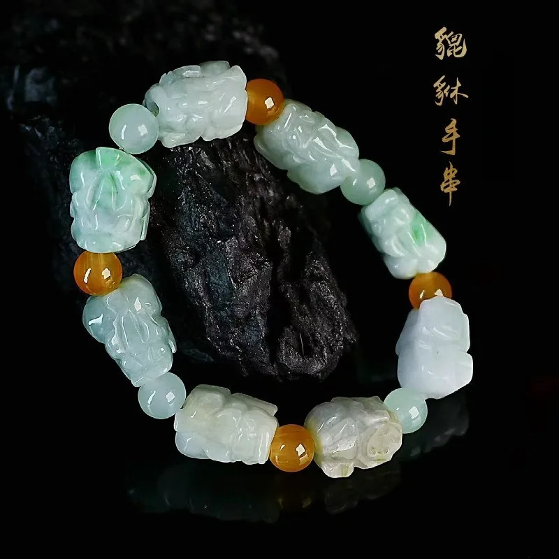 Natural Emerald Three Colors Jade Pixiu Beads Bracelet Jadeite Hand Woven Vintage Carved Amulets Fashion Jewelry Gift Women Men
