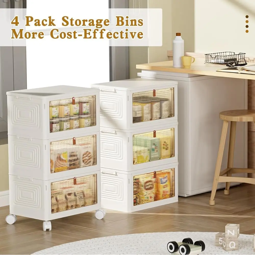 3 Tier Plastic Storage Bins With Lids 23Qt, Stackable Storage Containers With Wheels, Folding Storage Boxes, Collapsible