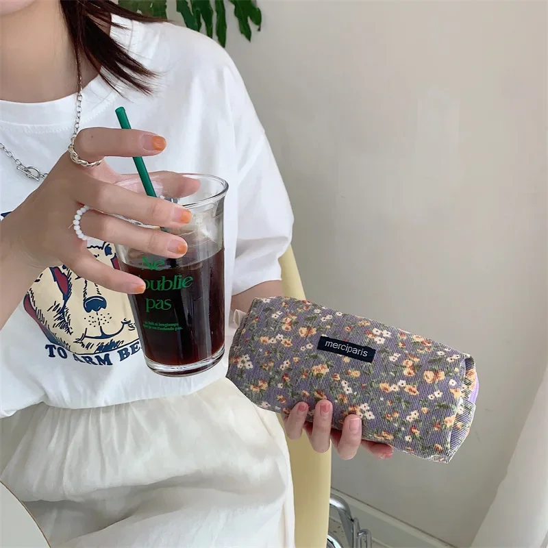 Women Corduroy Cosmetic Bags Fresh Floral Print Beauty Female Makeup Brush Storage Bags Student Girl Pencil Case Bags