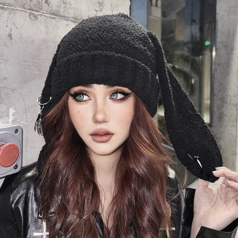 

Ruibbit Girl Punk Headdress Black Rabbit Ear Hat Plush Hooded Christmas Scarf Hat Winter Warm Windproof Earflap Cap Scarf Woman