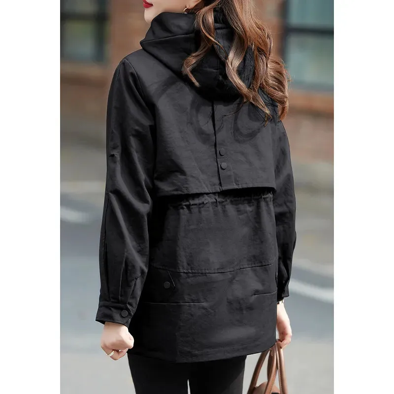 2024 New Spring Autumn Coat Women\'s Brown Black Jackets Loose Jacket Outerwear Fashion Hooded Pocket Overcoat Parka Female