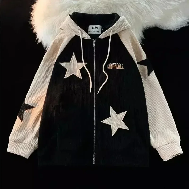 2024 New American Retro Star Patch Designs Zipper Hoodie Women  Street Popular Joker Sweatshirt Unisex Stitching Loose CasualTop