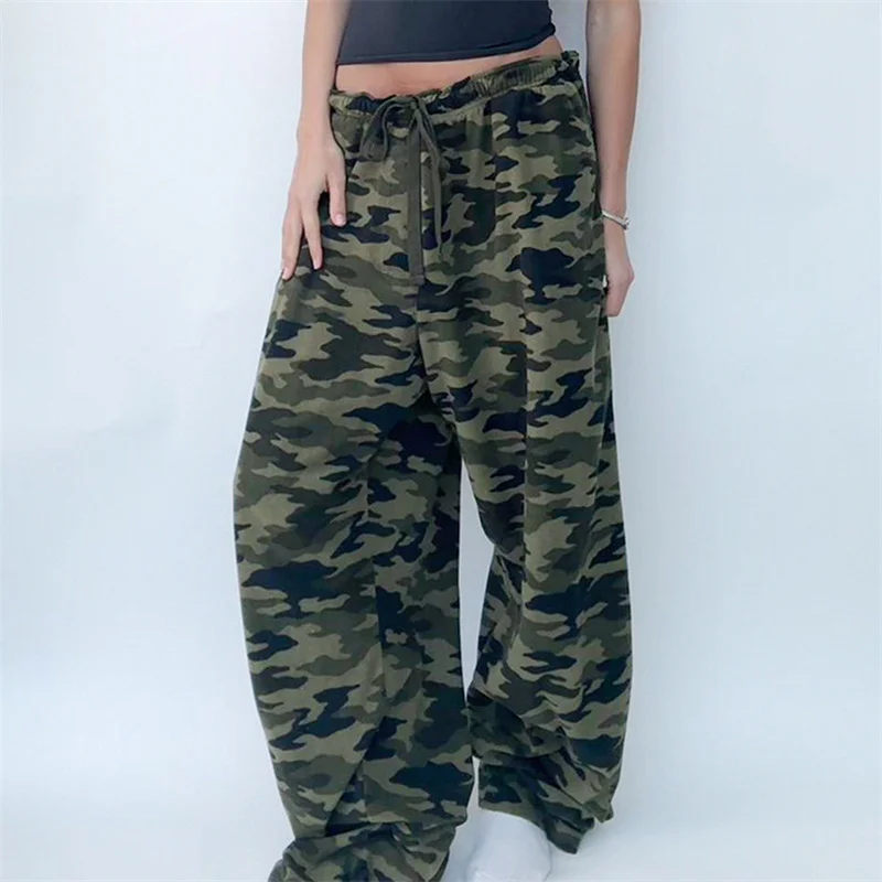 Y2K Women Camouflage Print Long Pants Low Waist Lace-up Wide Leg Pants Loose Casual Trousers Streetwear 2025 Bottoms