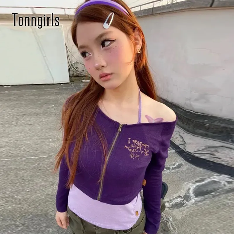 Tonngirls Y2k Vintage Two Pieces Tops Striped Print Tshits Women Streetwear Retro Aesthetic Grunge Tee Tops E-girls Suits 2000s