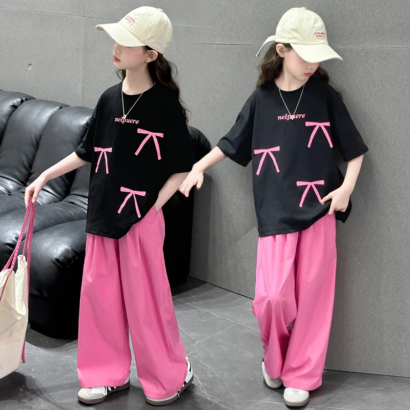 Venda quente crianças verão superior e inferior 2 peças conjunto de roupas com arco para meninas elegante algodão camiseta calças agasalho para crianças