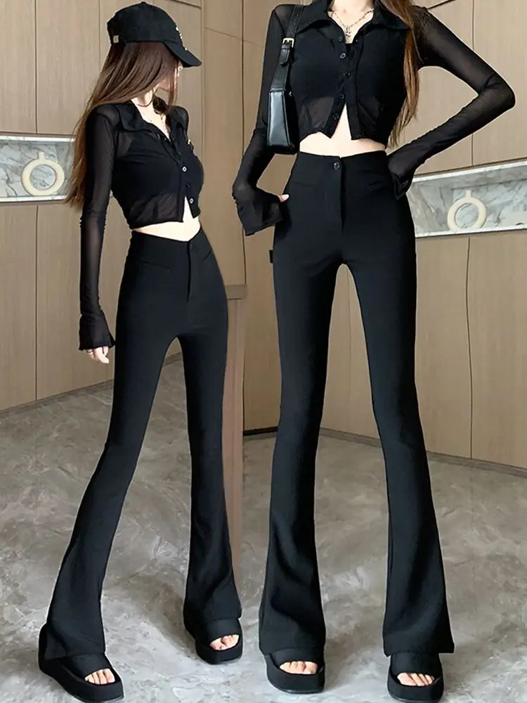 

Fashion 2024 Autumn New High Waist Suit Pants Slimming Tight-breasted Raw Edge Stretch Flared Trousers Women Clothing A30