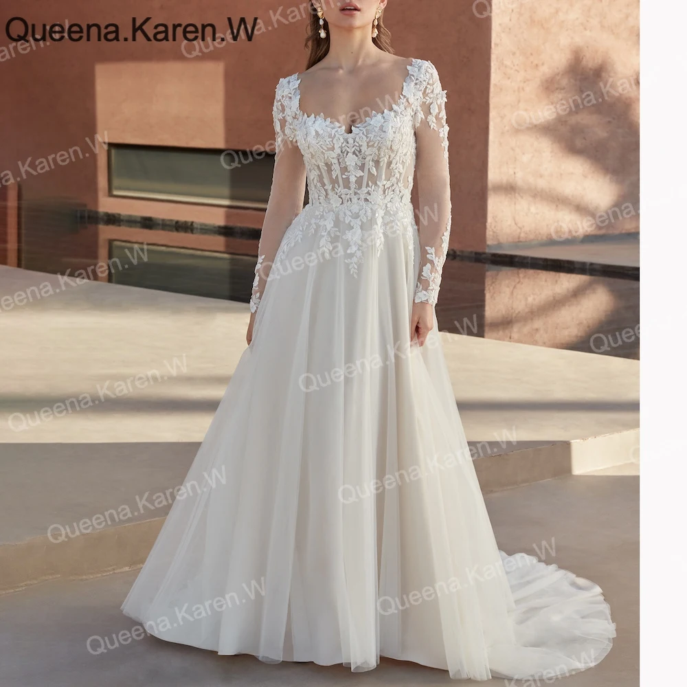 Elegant A line Wedding Dress long sleeve sweetheart neckline lace applique bride dress robe de mariee A line Wedding Bridal Gown