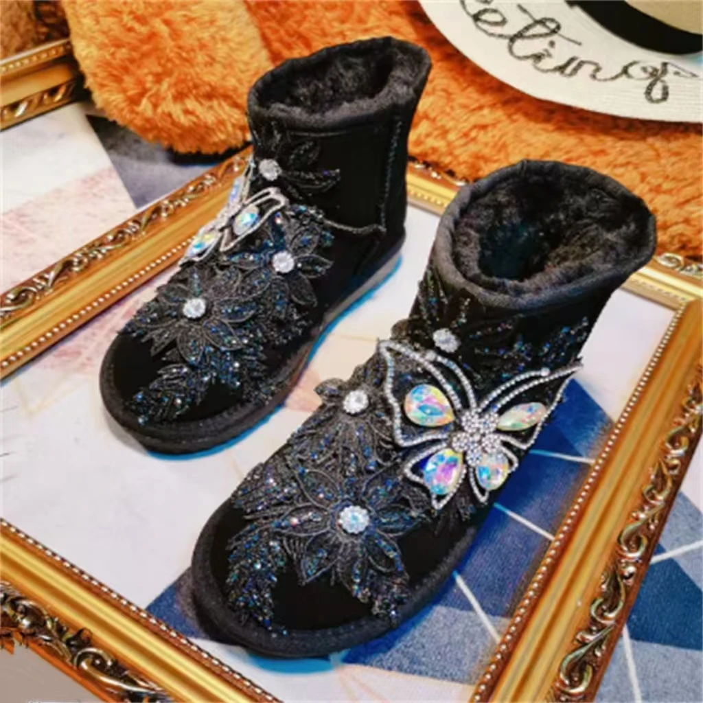 Handmade rhinestone lace gemstone accessories Fur one snow boots Heavy custom black thickened women's cotton shoes 35-39