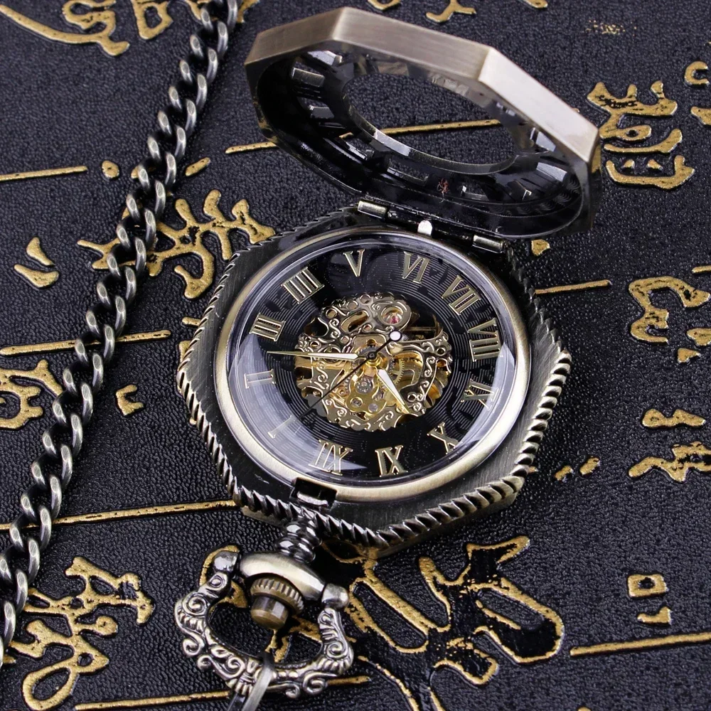 Reloj de bolsillo mecánico Hexagonal clásico Retro, cadena FOB Steampunk, esfera romana, esqueleto, reloj de bolsillo de acero hueco dorado para hombre