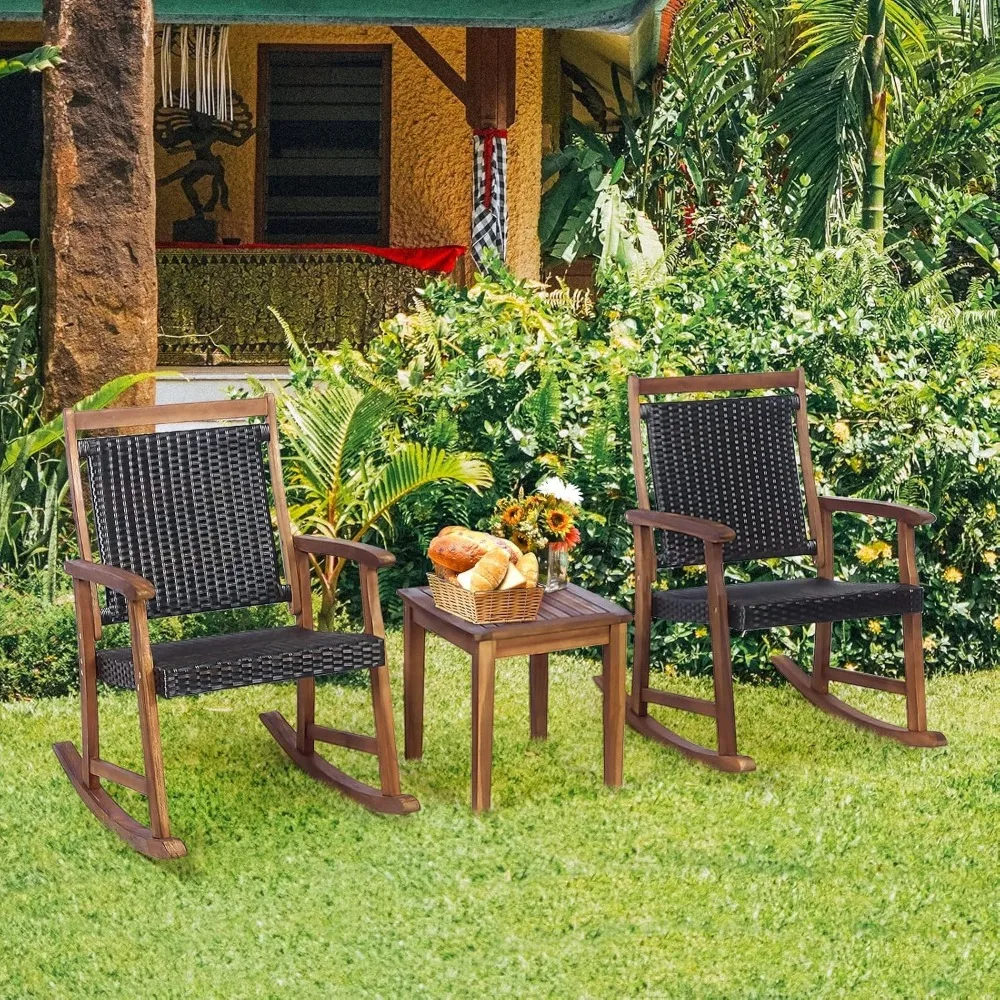 

3 Pieces Patio Rocking Chair Set, Outdoor Rattan Bistro Set with Acacia Wood Frame Armrest, Ideal for Garden, Lawn, Backyard
