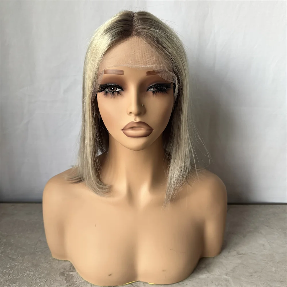 

Парики из 100% человеческих волос Пепельно-русый мелирование Бразильские девственные волосы 13x2 Т-образный парик шнурка 10 дюймов Короткий прямой парик для женщин