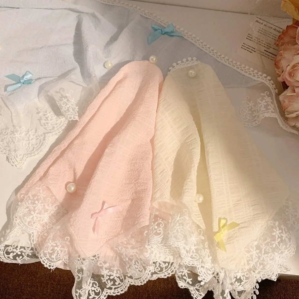 

INS Lace Headwear Lace Bow Hair Scarf Retro Style Pearl Triangle Hair Band Linen Cotton Sunscreen Headscarf Women