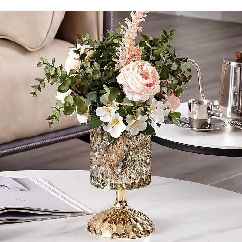 Golden Crystal Glass Vase Hydroponics Flower Pots Desk Decoration Floral Vases Arrangement Crafts Modern Home Decor