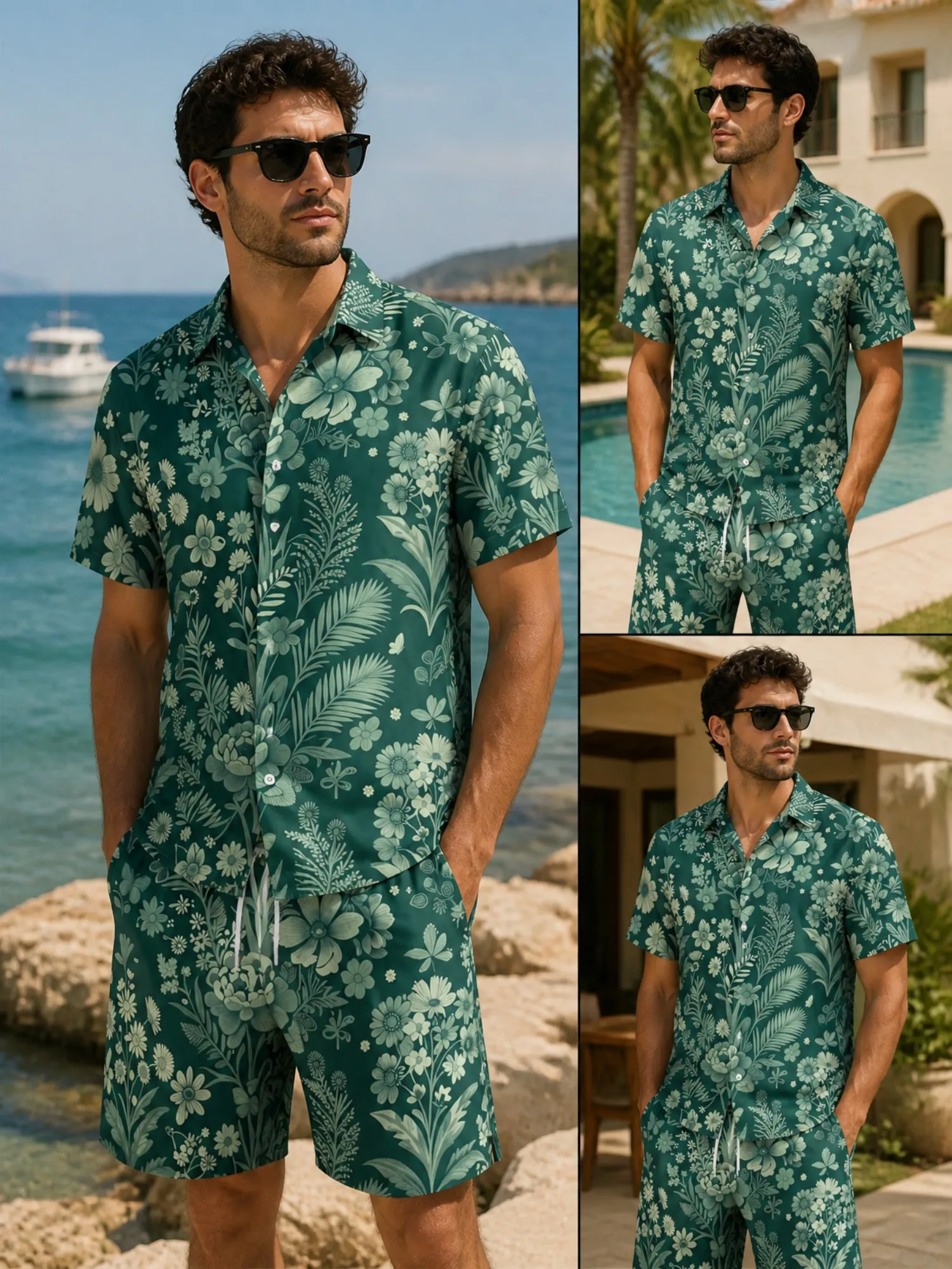 

Mens Floral Short Sleeve Shirt and Drawstring Shorts Set Beach Vacation Casual Beach Two Piece Vacation Resort Outfit Resortwear